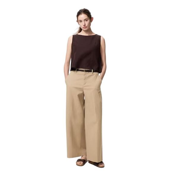 Uniqlo Japan Wide Leg Chino Pants Trouser High Rise Relaxed Minimalist Khaki M - Picture 1 of 9